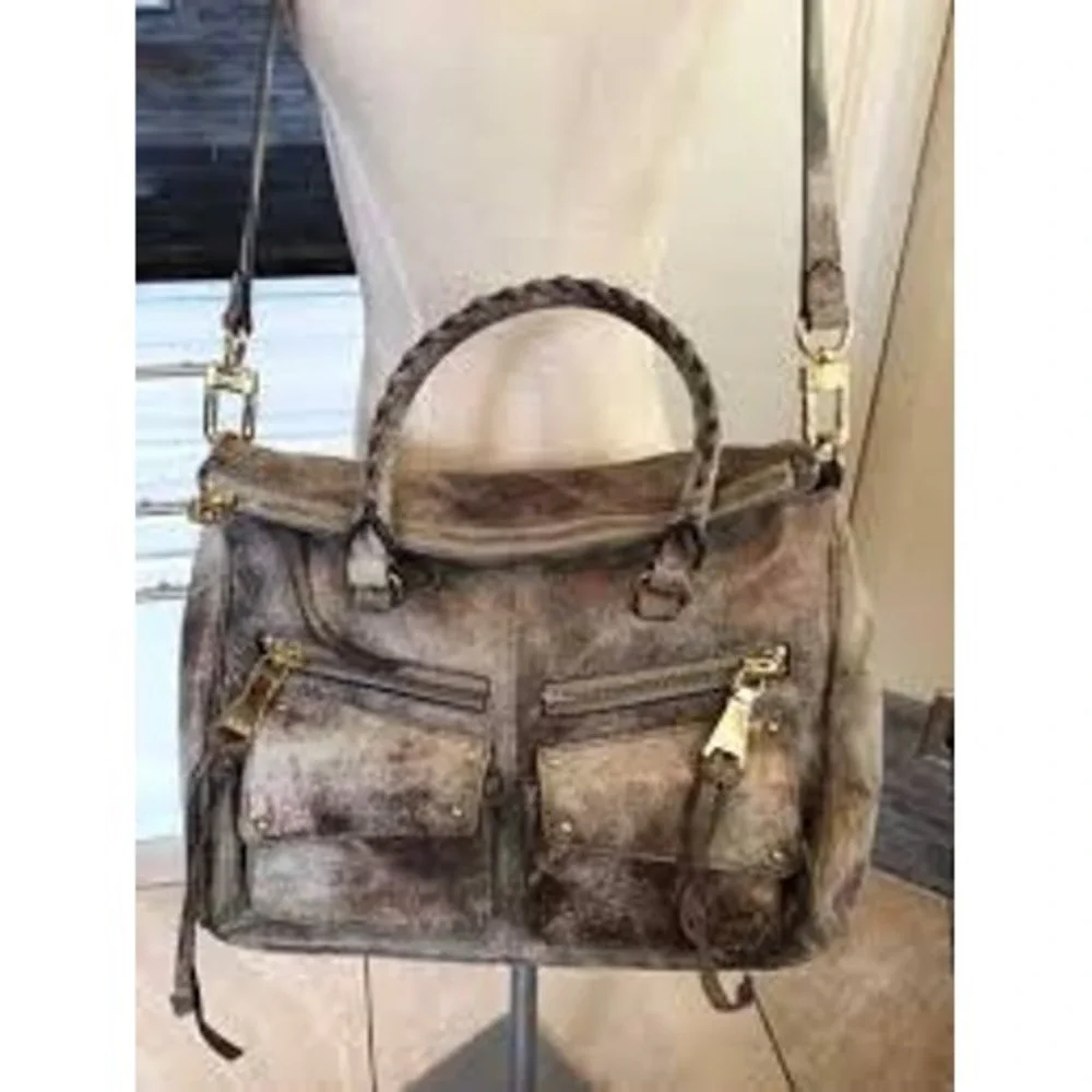 Aimee Kestenberg Women Riviera Satchel Gunmetal Leather Distressed Metallic